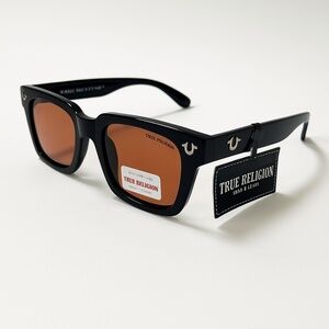 NWT True Religion Square Sunglasses Black Acetate Frame Orange Lens Logo OS